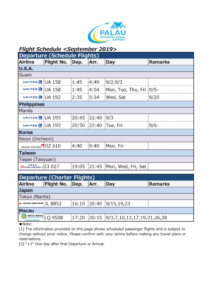 Palau International Airport - Flight​ Information September 2019